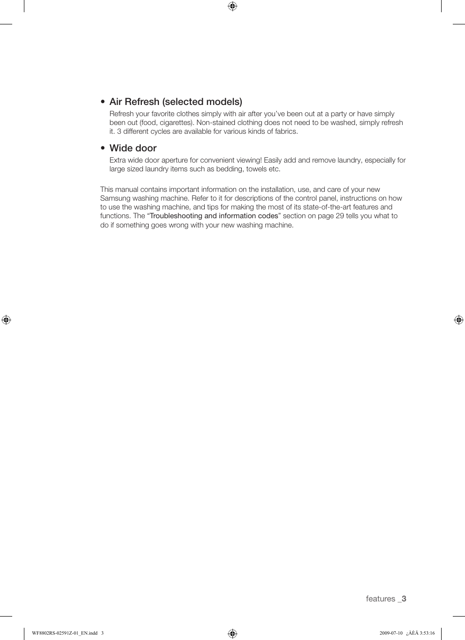 Air refresh (selected models), Wide door | Samsung WF8802JSG User Manual | Page 3 / 36