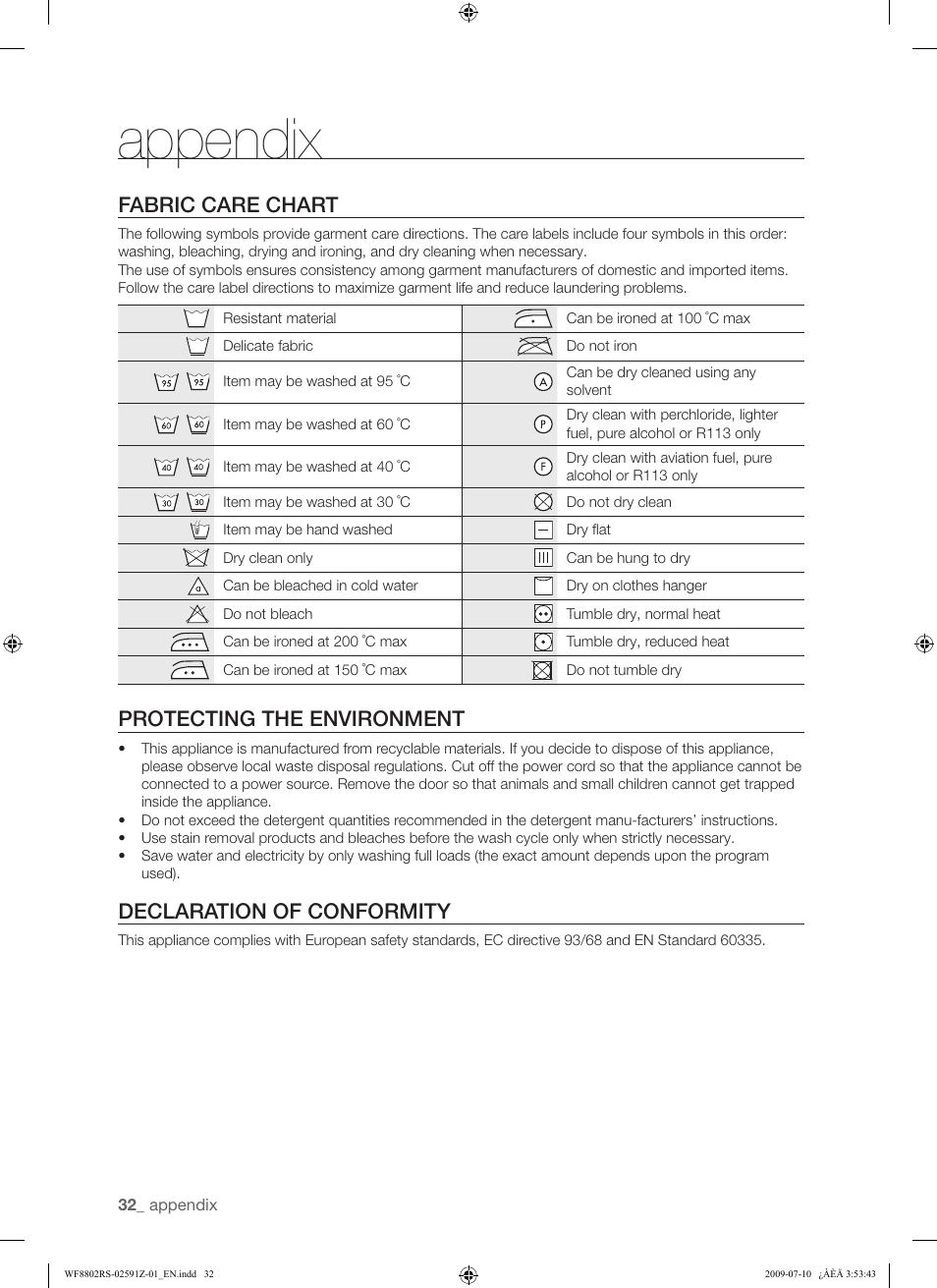 Appendix, Fabric care chart, Protecting the environment | Declaration of conformity | Samsung WF8802JSG User Manual | Page 32 / 36