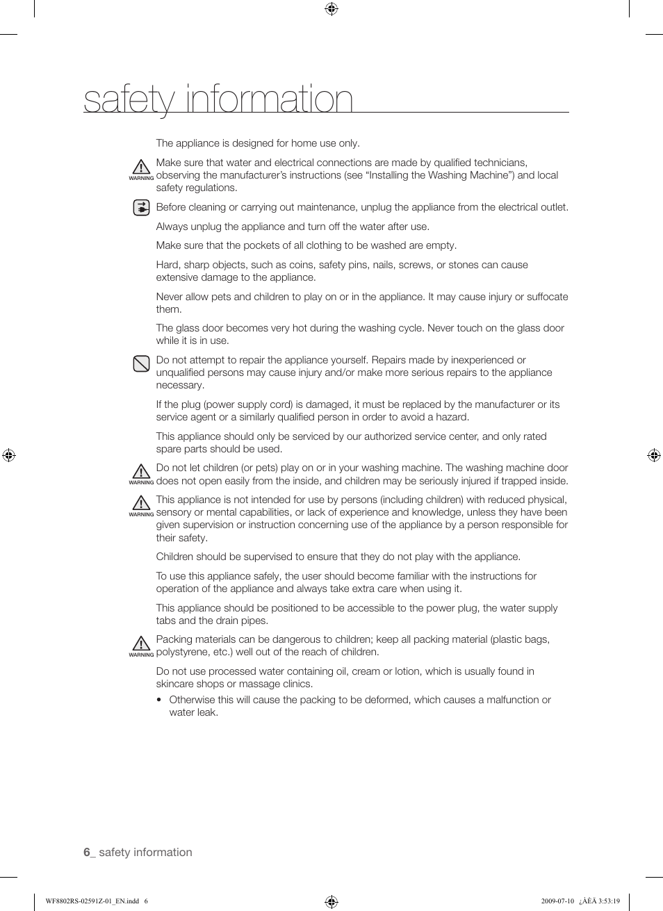 Safety information | Samsung WF8802JSG User Manual | Page 6 / 36