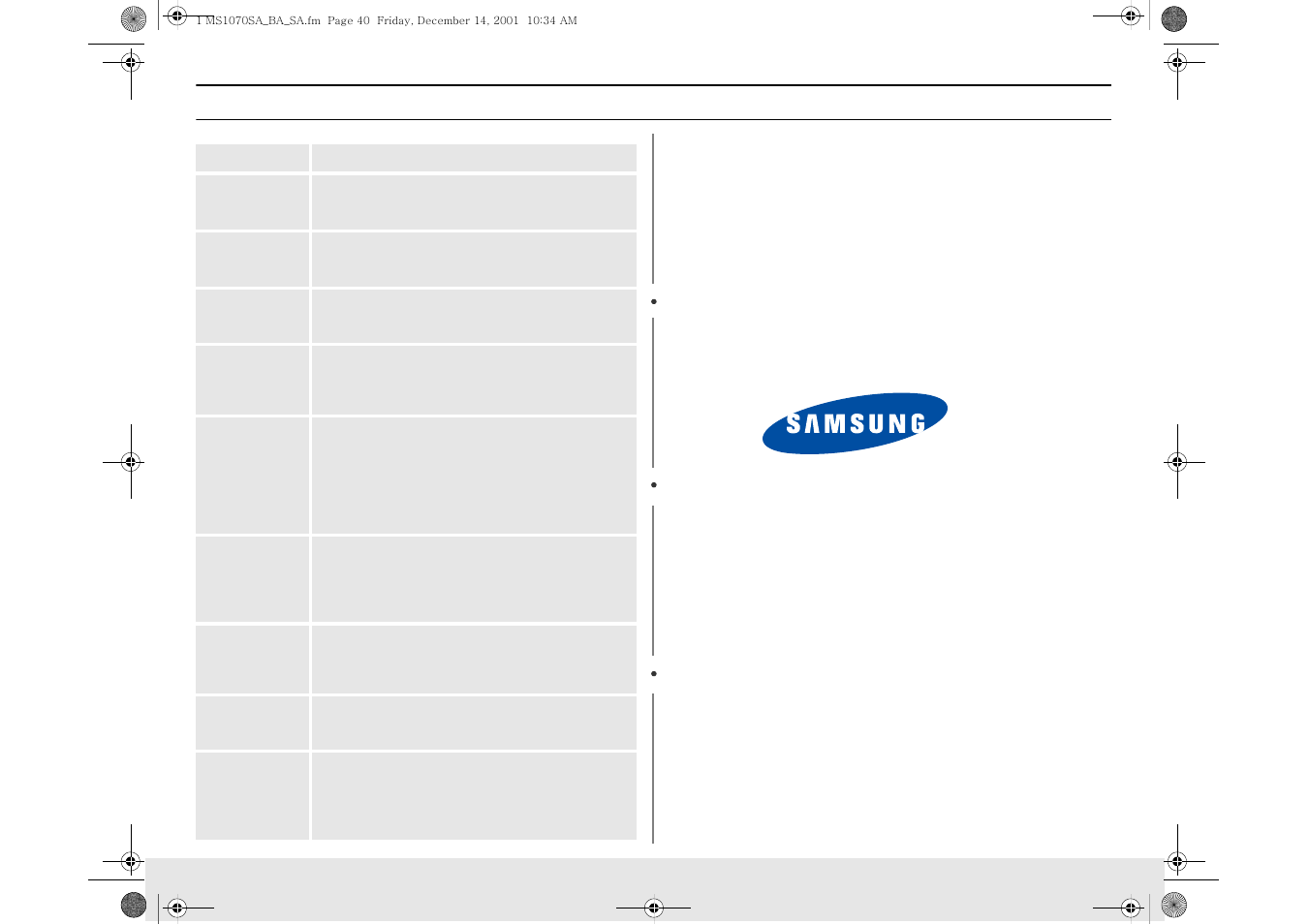 Quick reference | Samsung MS1070BA User Manual | Page 40 / 40