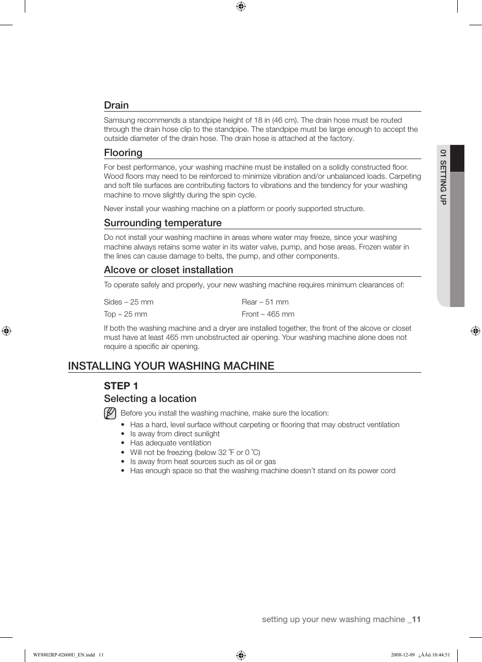 Installing your washing machine, Drain, Flooring | Surrounding temperature, Alcove or closet installation, Step 1 selecting a location | Samsung WF8800RP User Manual | Page 11 / 36