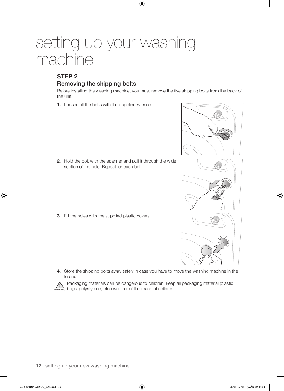 Setting up your washing machine | Samsung WF8800RP User Manual | Page 12 / 36