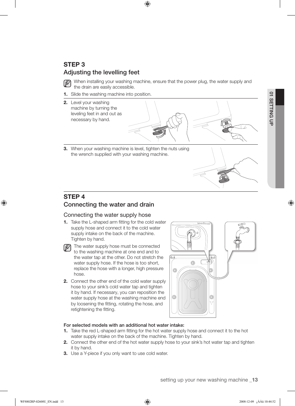 Step 3 adjusting the levelling feet, Step 4 connecting the water and drain | Samsung WF8800RP User Manual | Page 13 / 36