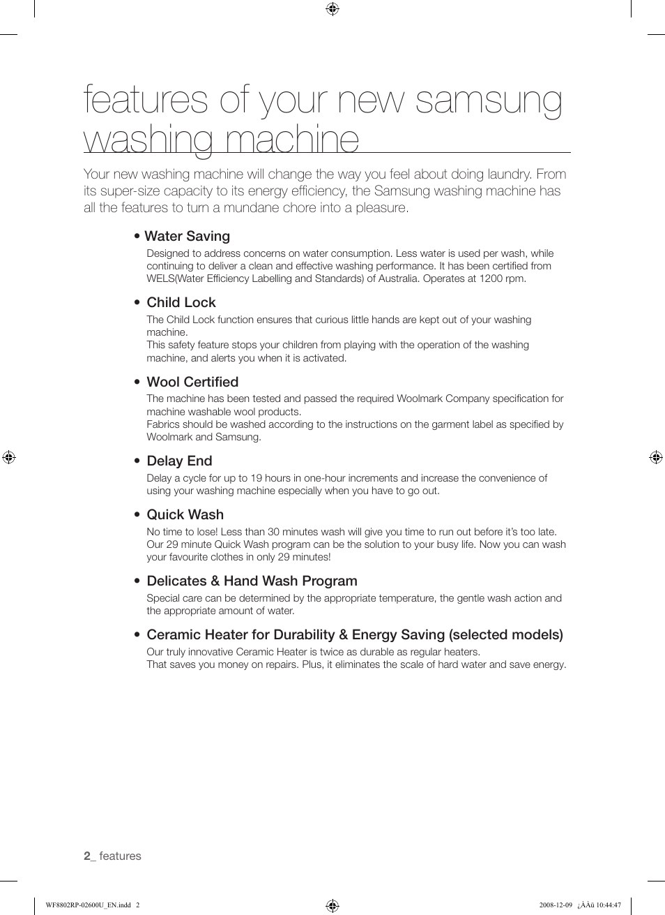 Features of your new samsung washing machine | Samsung WF8800RP User Manual | Page 2 / 36