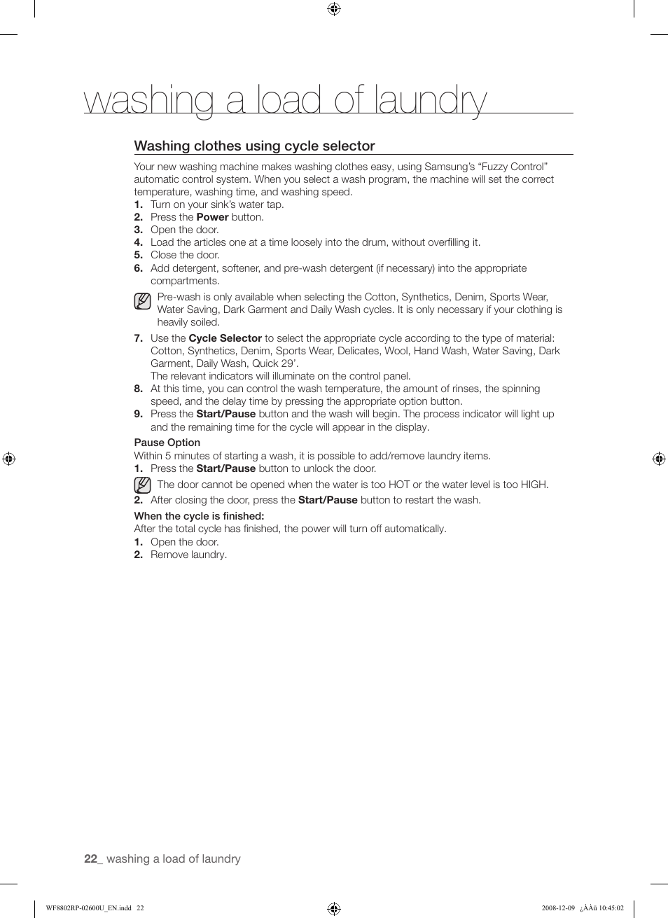 Washing a load of laundry, Washing clothes using cycle selector | Samsung WF8800RP User Manual | Page 22 / 36