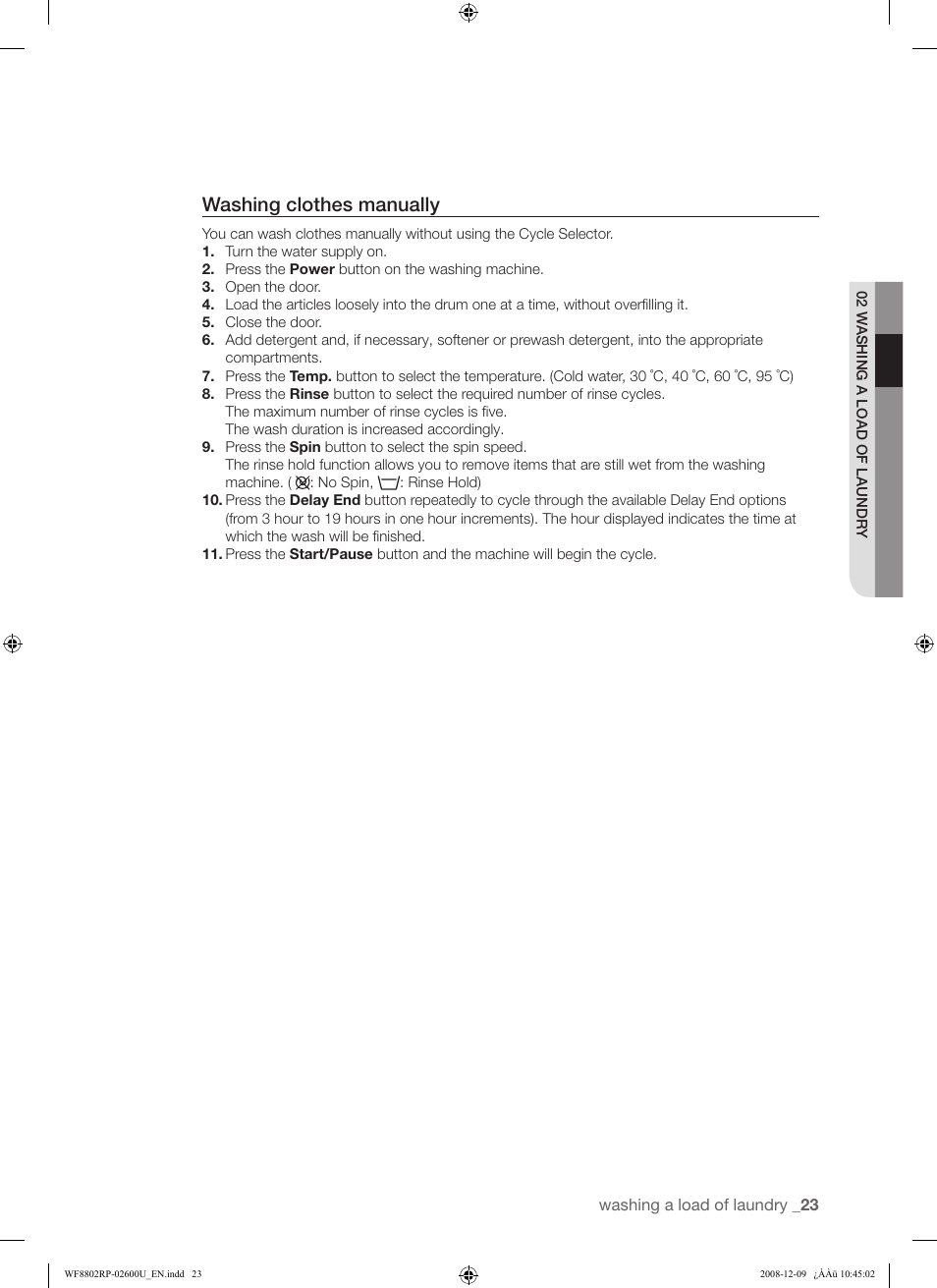 Washing clothes manually | Samsung WF8800RP User Manual | Page 23 / 36