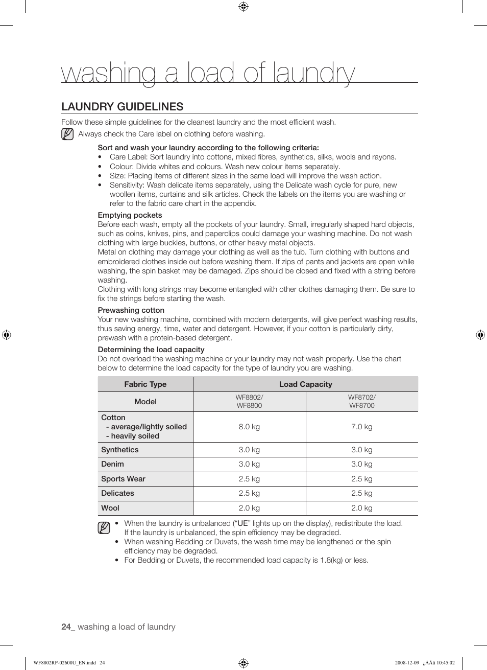 Washing a load of laundry, Laundry guidelines | Samsung WF8800RP User Manual | Page 24 / 36