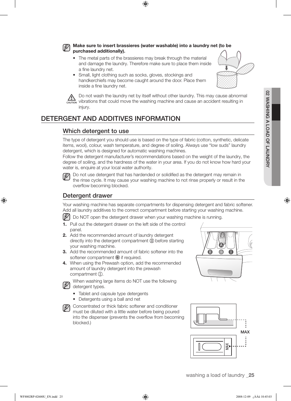 Detergent and additives information, Which detergent to use, Detergent drawer | Samsung WF8800RP User Manual | Page 25 / 36