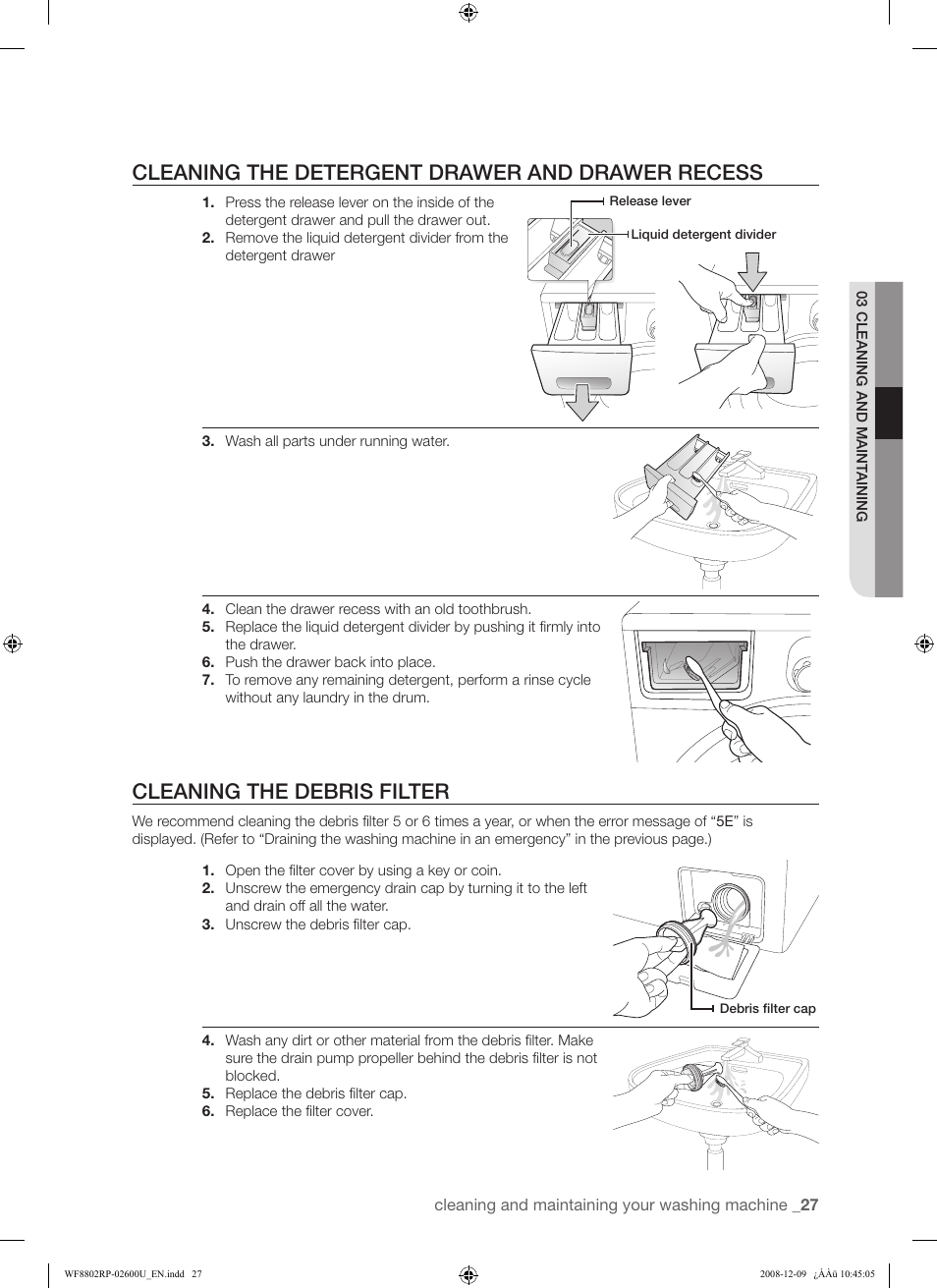 Cleaning the detergent drawer and drawer recess, Cleaning the debris filter | Samsung WF8800RP User Manual | Page 27 / 36