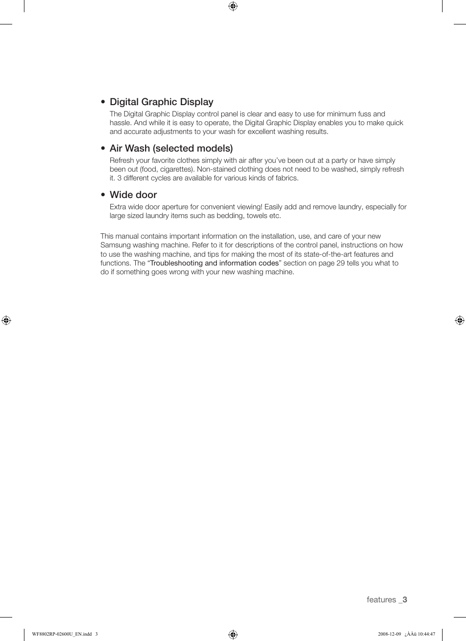 Digital graphic display, Air wash (selected models), Wide door | Samsung WF8800RP User Manual | Page 3 / 36