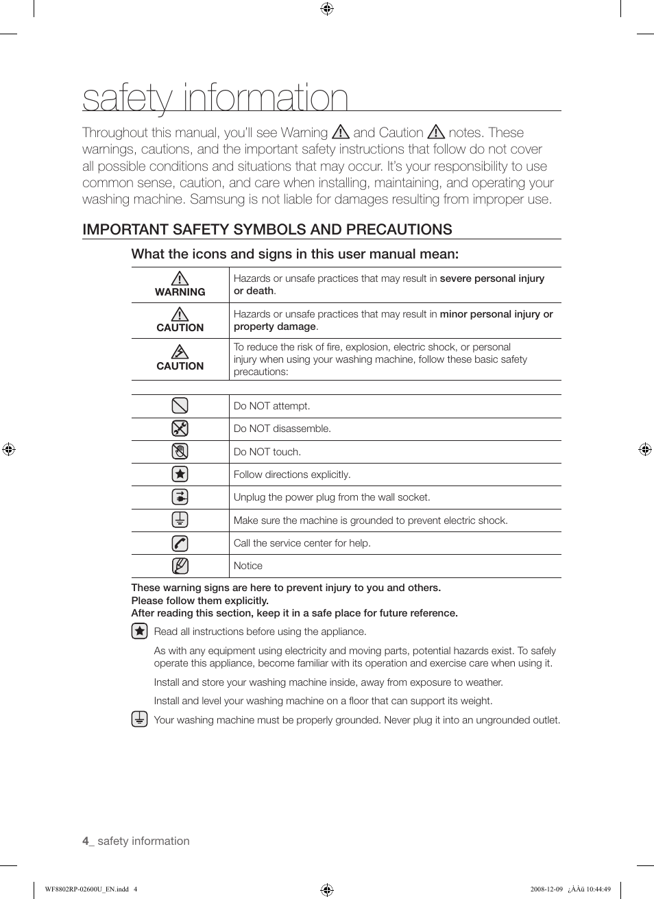 Safety information, Important safety symbols and precautions | Samsung WF8800RP User Manual | Page 4 / 36