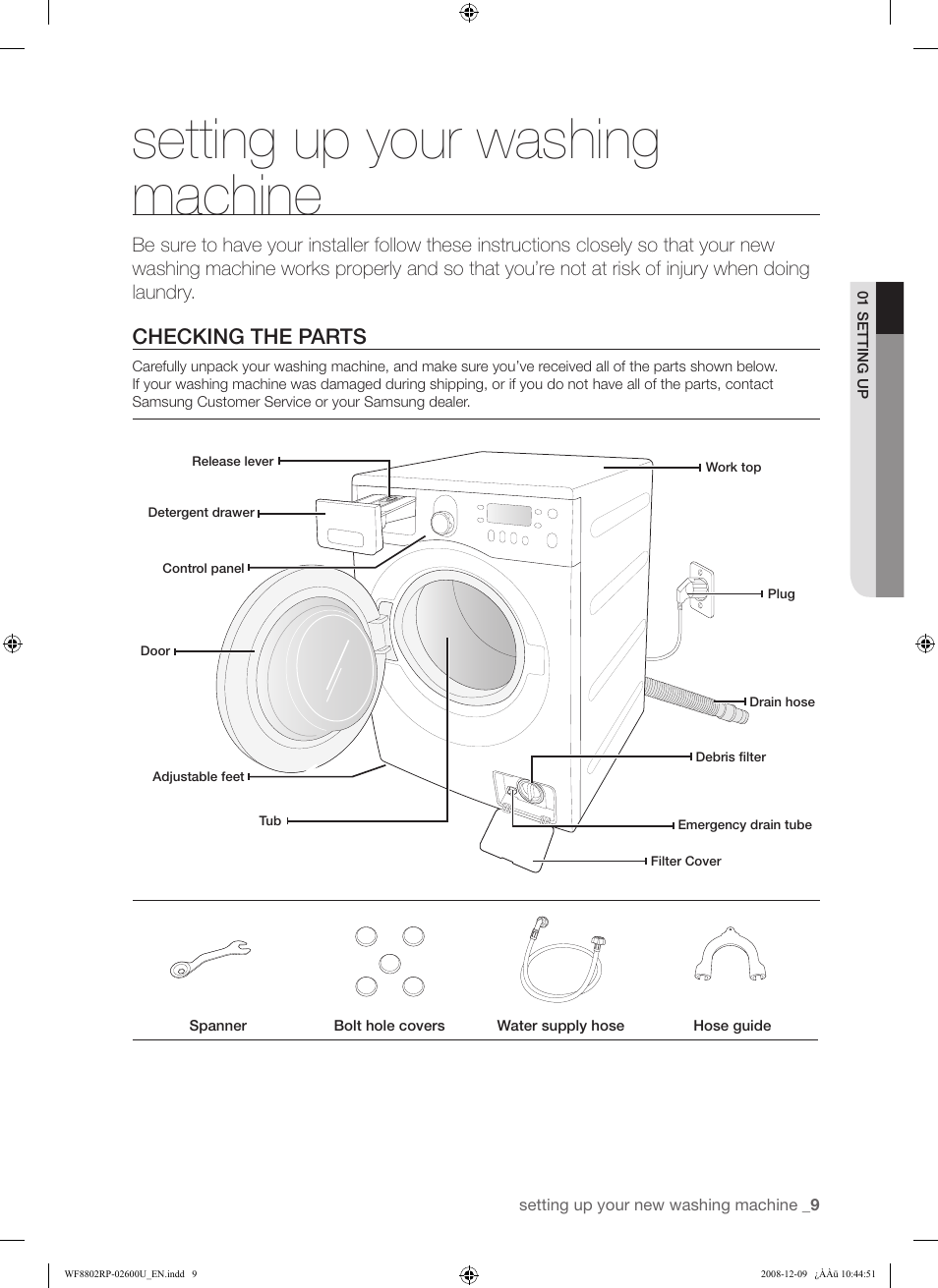 Setting up your washing machine, Checking the parts | Samsung WF8800RP User Manual | Page 9 / 36