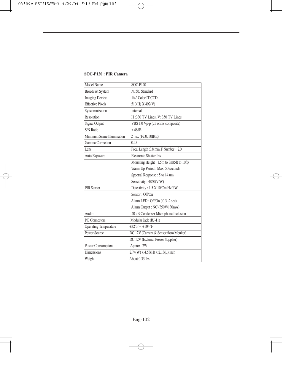 Soc-p120 (pir camera) | Samsung SMO-211QN User Manual | Page 102 / 112