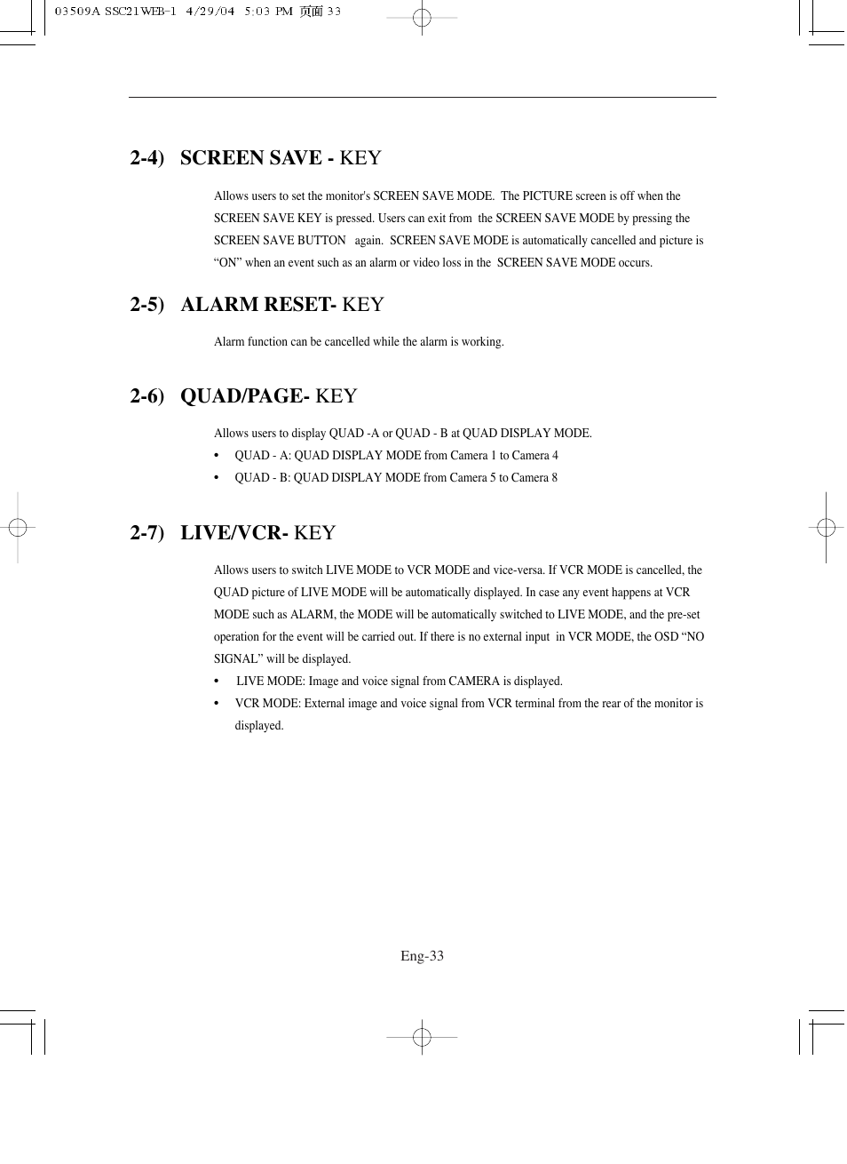 4) screen save - key, 5) alarm reset- key, 7) live/vcr- key | 6) quad/page- key | Samsung SMO-211QN User Manual | Page 33 / 112