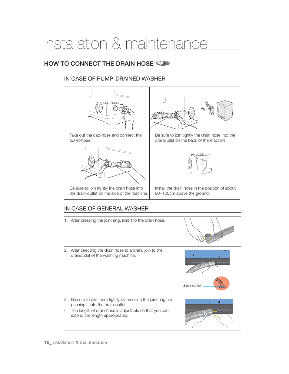 Nrth anon ^ mnintnnnnon, How to connect the drain hose, In case of pump-drained washer | In case of general washer | Samsung WA85U3 User Manual | Page 16 / 24