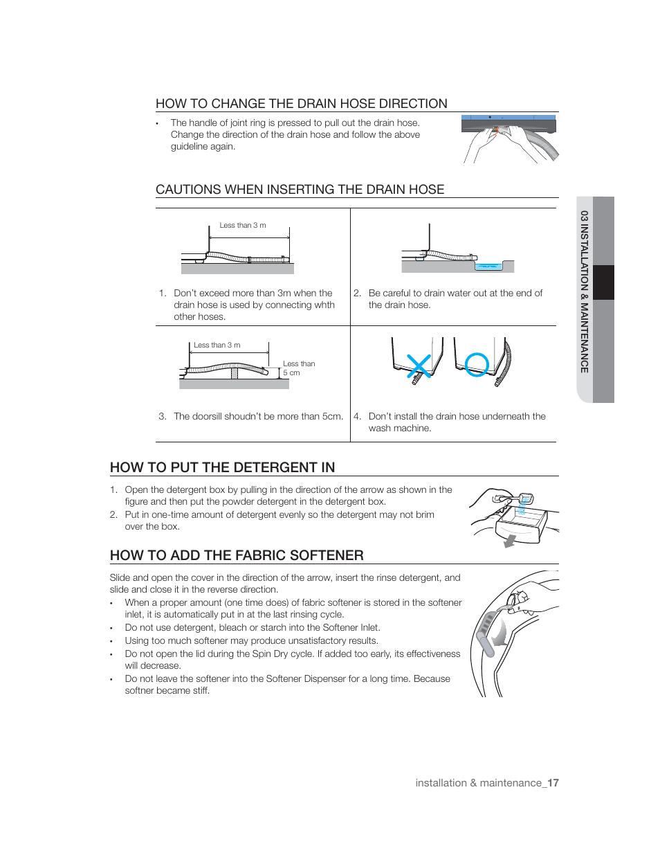 How to change the drain hose direction, Cautions when inserting the drain hose, How to put the detergent in | How to add the fabric softener | Samsung WA85U3 User Manual | Page 17 / 24
