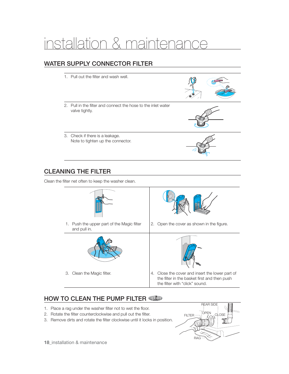 Nrth anon ^ mnintnnnnon, Water supply connector filter, Cleaning the filter | How to clean the pump filter '•w | Samsung WA85U3 User Manual | Page 18 / 24