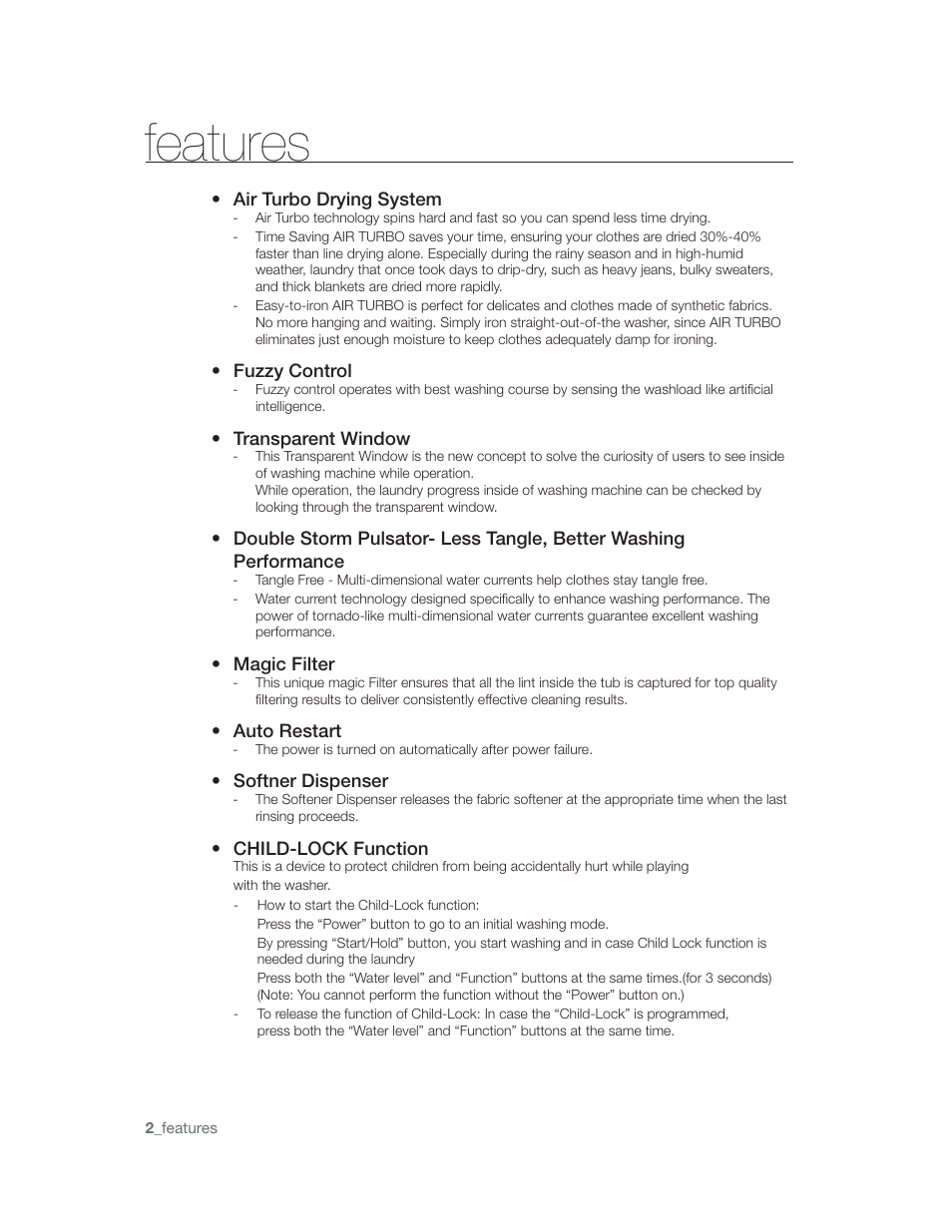 Air turbo drying system, Fuzzy control, Transparentwindow | Magic filter, Auto restart, Softner dispenser, Child-lockfunction, 2_features | Samsung WA85U3 User Manual | Page 2 / 24