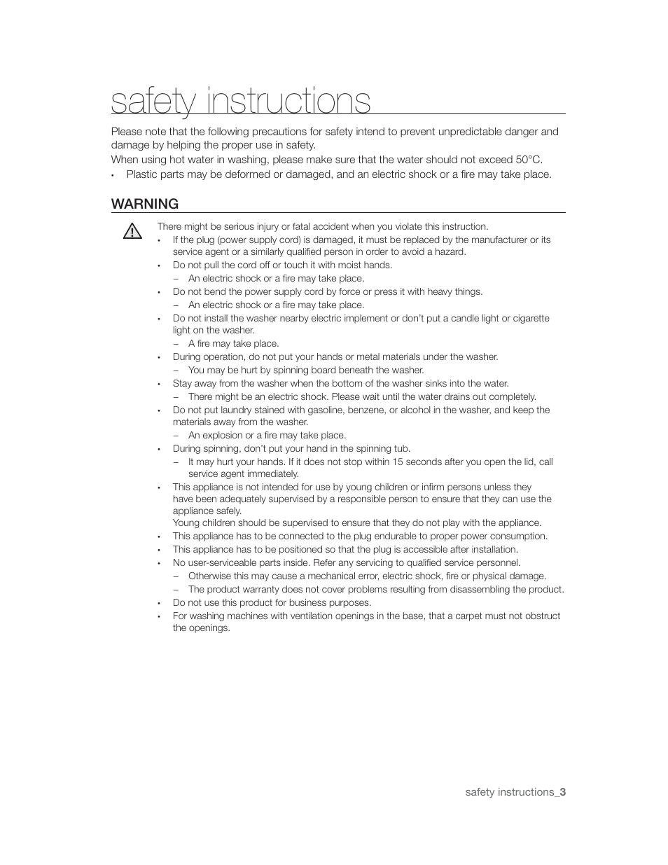 Nt^/ inrtruntlonr, Warning, Safety instructions_3 | Samsung WA85U3 User Manual | Page 3 / 24