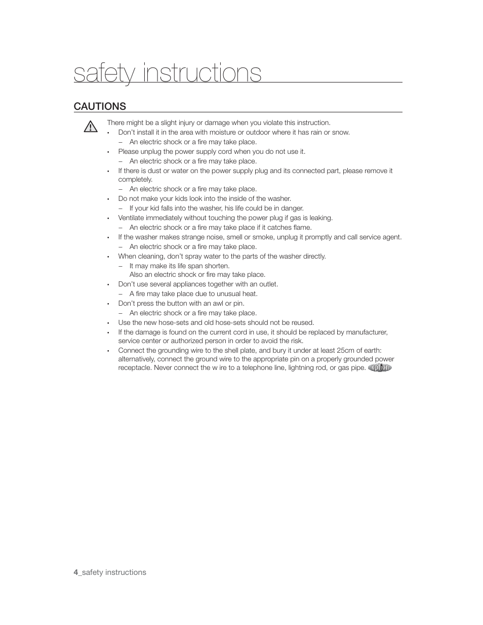 Nt^/ inrtruntlonr, Cautions, 4_safety instructions | Nt^/ inrtruntlonr cautions | Samsung WA85U3 User Manual | Page 4 / 24