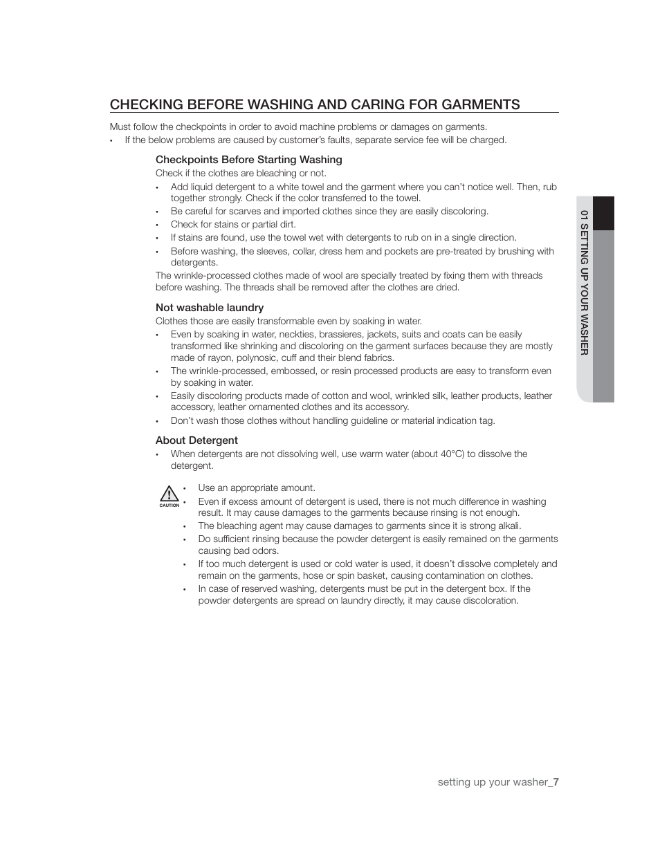 Checking before washing and caring for garments, Checkpoints before starting washing, Not washabie iaundry | About detergent | Samsung WA85U3 User Manual | Page 7 / 24