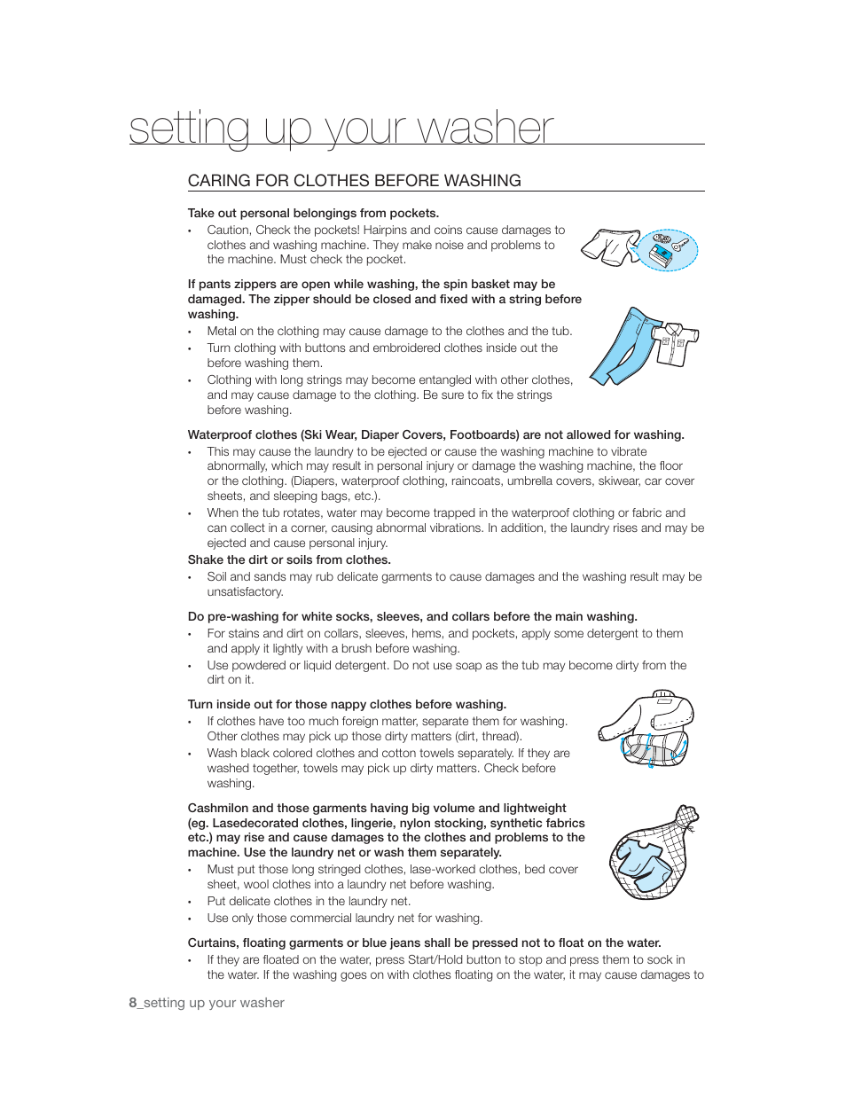 Caring for clothes before washing, Take out personal belongings from pockets, Up your wa^nn | Samsung WA85U3 User Manual | Page 8 / 24