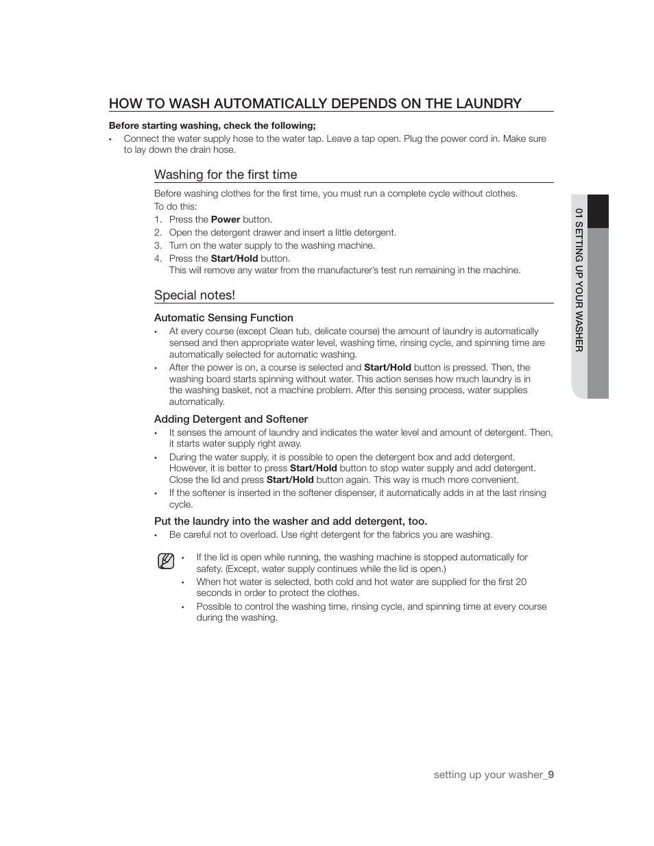 How to wash automatically depends on the laundry, Washing for the first time, Special notes | Automatic sensing function, Adding detergent and softener | Samsung WA85U3 User Manual | Page 9 / 24