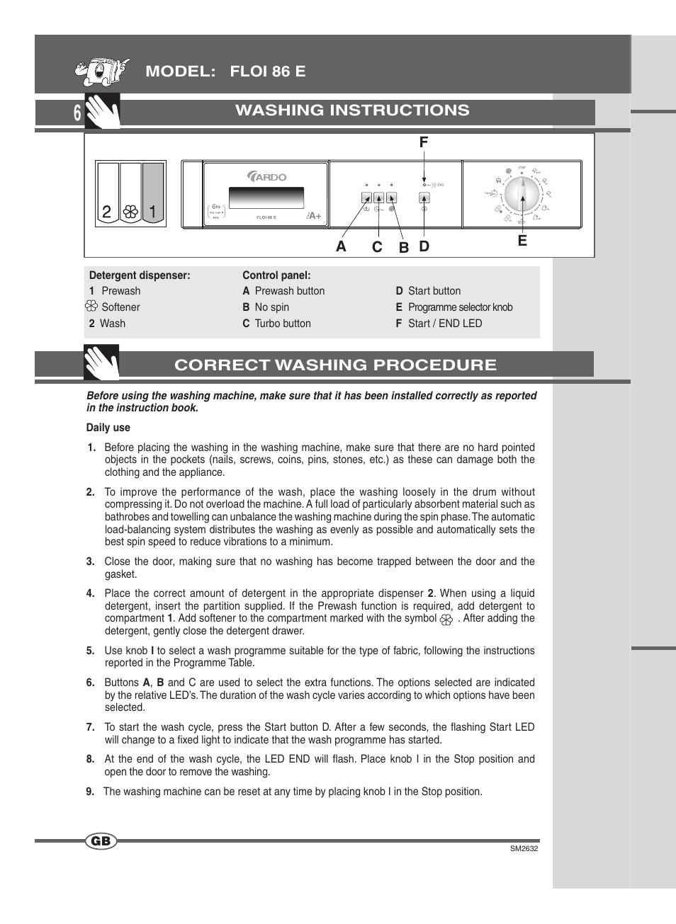 Washing instructions, Correct washing procedure | Ardo FLOI86E User Manual | Page 6 / 52