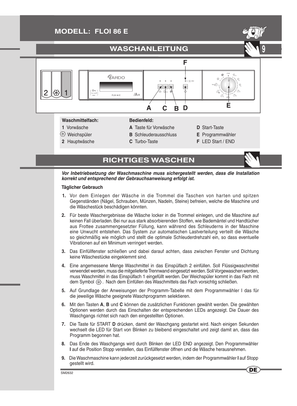 Waschanleitung, Modell: floi 86 e richtiges waschen | Ardo FLOI86E User Manual | Page 9 / 52