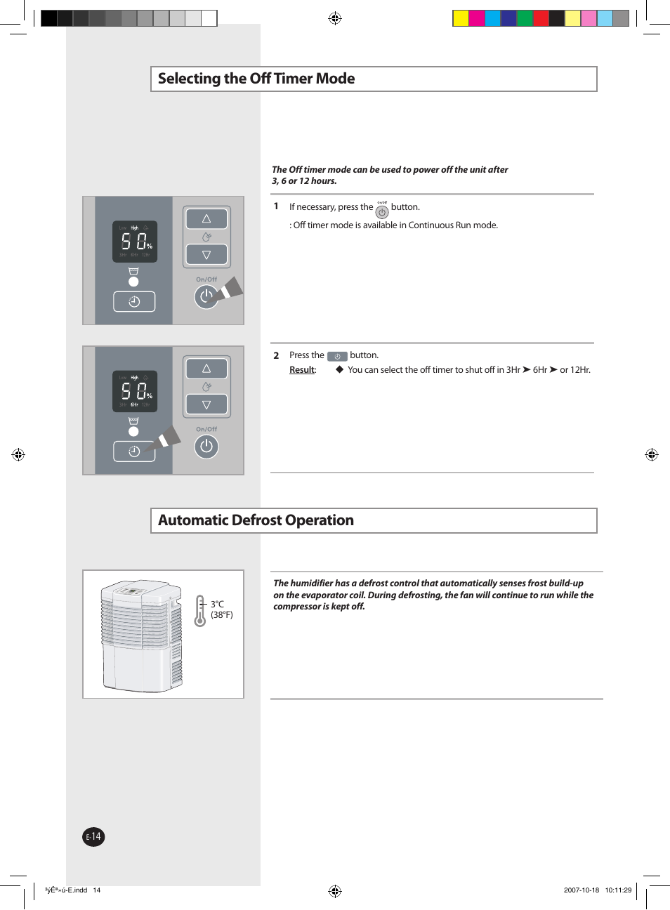 Selecting the off timer mode, Automatic defrost operation | Samsung DED50EL8 User Manual | Page 13 / 20