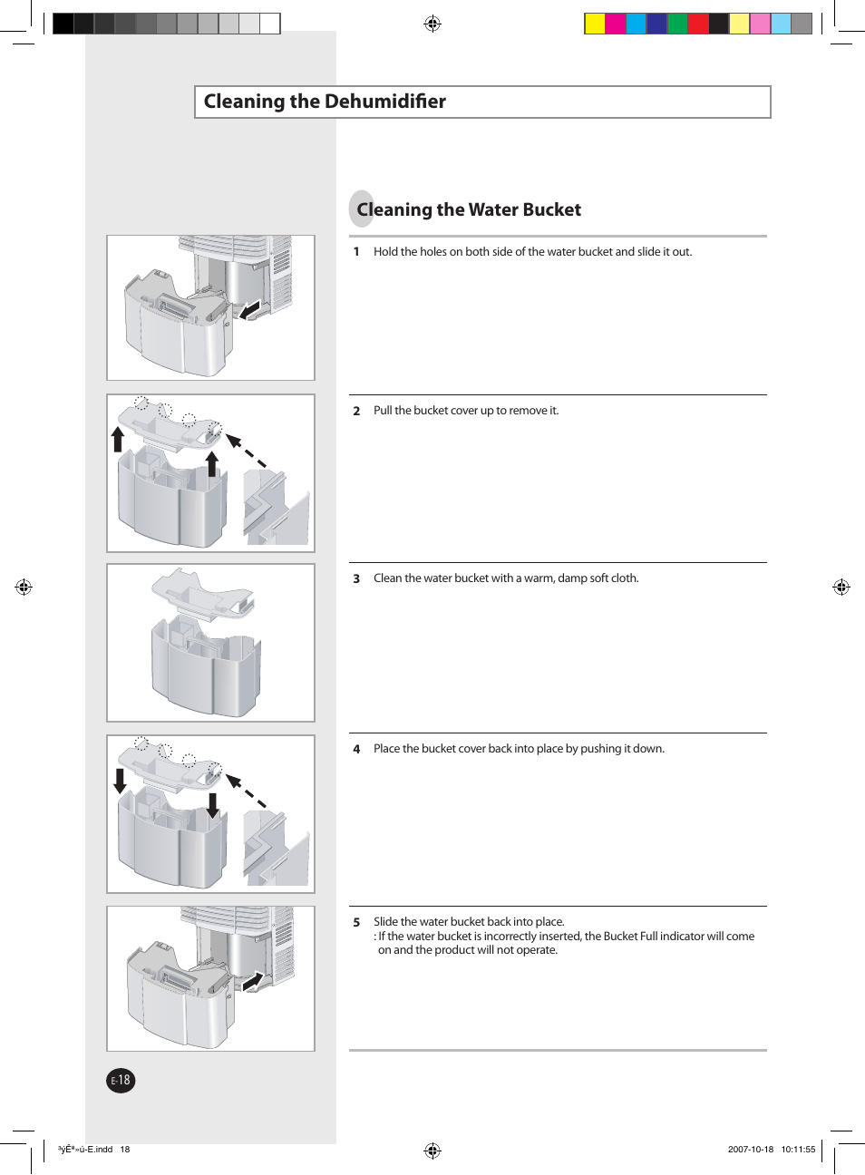 Cleaning the dehumidiﬁer, Cleaning the water bucket | Samsung DED50EL8 User Manual | Page 17 / 20