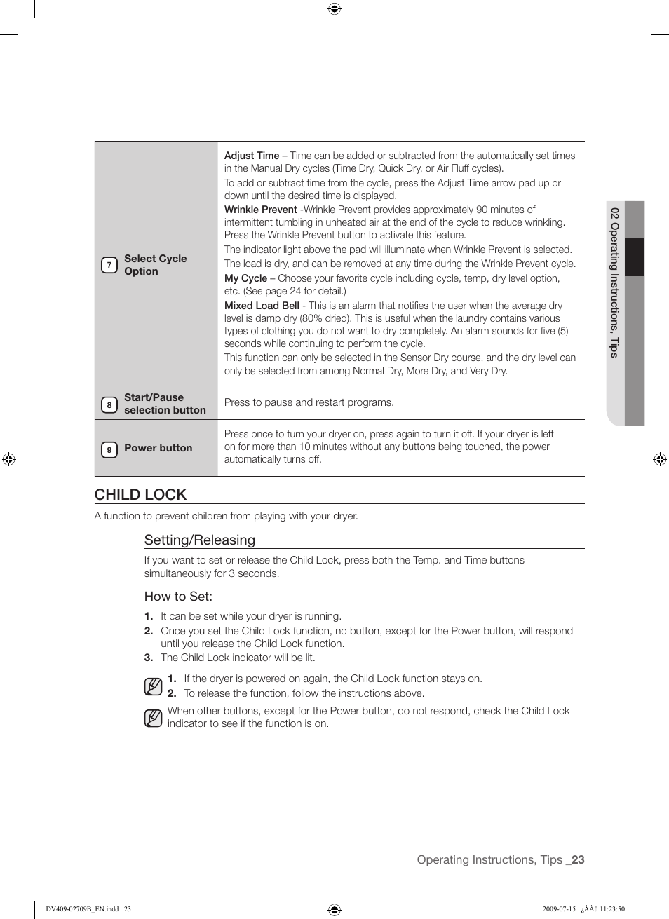 Child lock, Setting/releasing | Samsung DV407AG* User Manual | Page 23 / 76