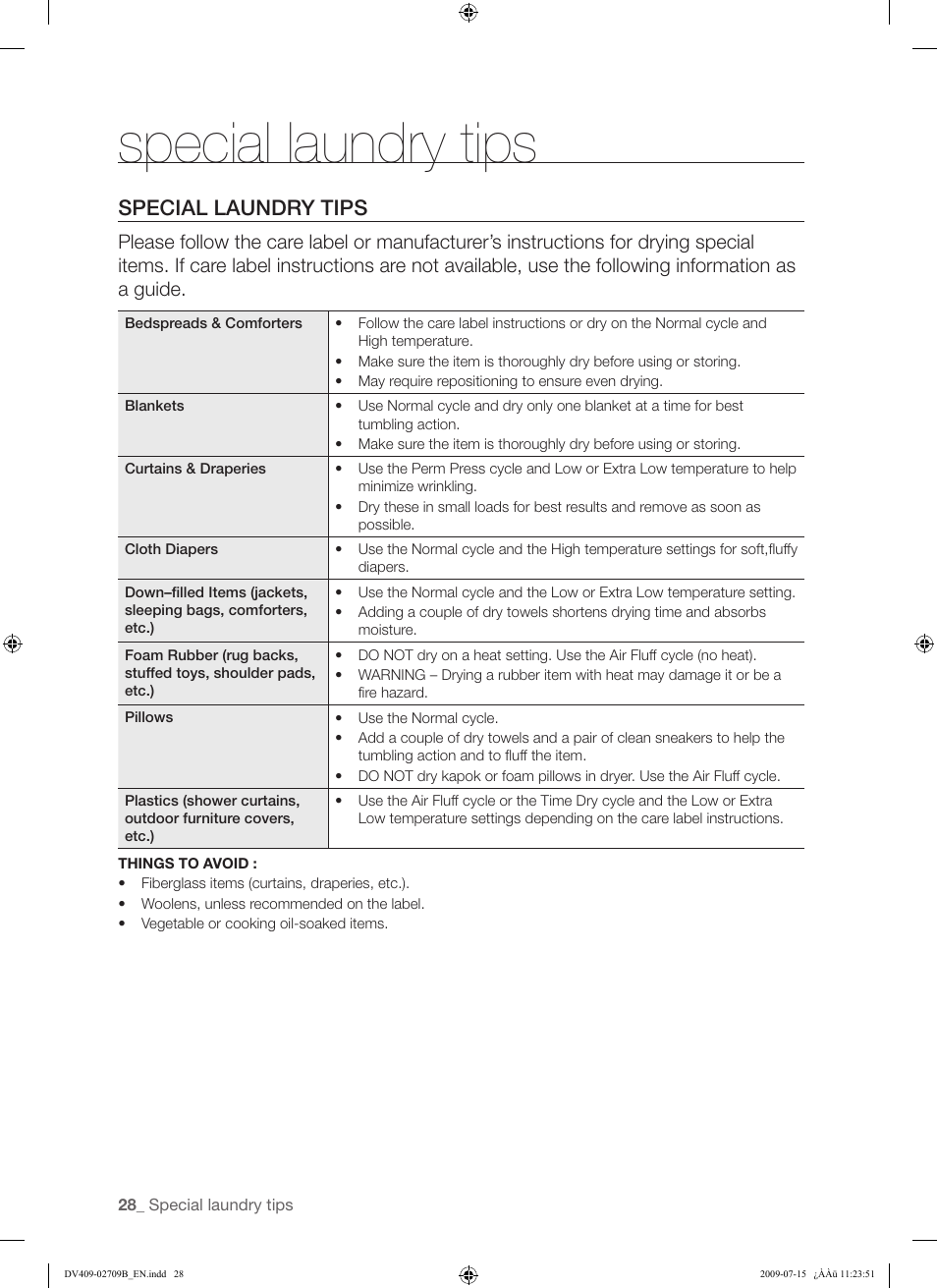 Special laundry tips | Samsung DV407AG* User Manual | Page 28 / 76