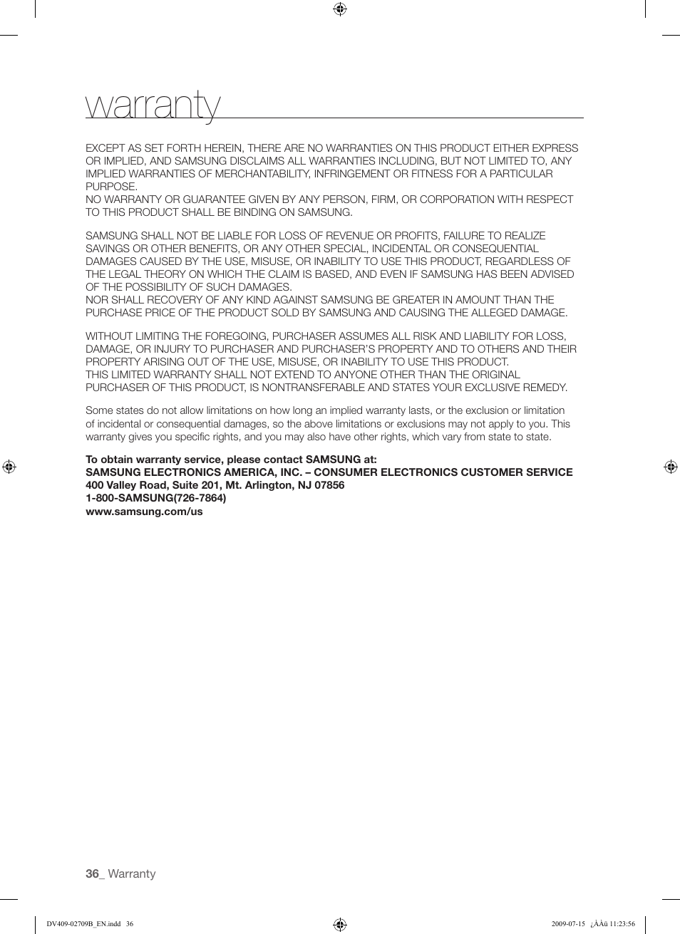 Warranty | Samsung DV407AG* User Manual | Page 36 / 76