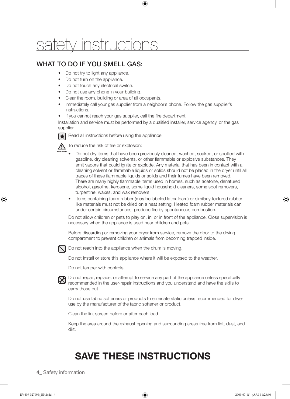 Safety instructions, Save these instructions, What to do if you smell gas | Samsung DV407AG* User Manual | Page 4 / 76