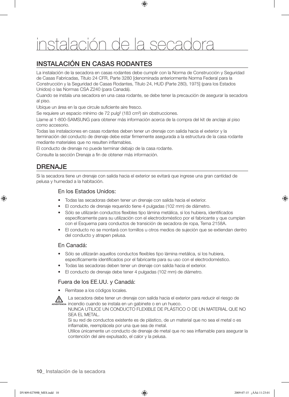Instalación de la secadora, Instalación en casas rodantes, Drenaje | Samsung DV407AG* User Manual | Page 48 / 76