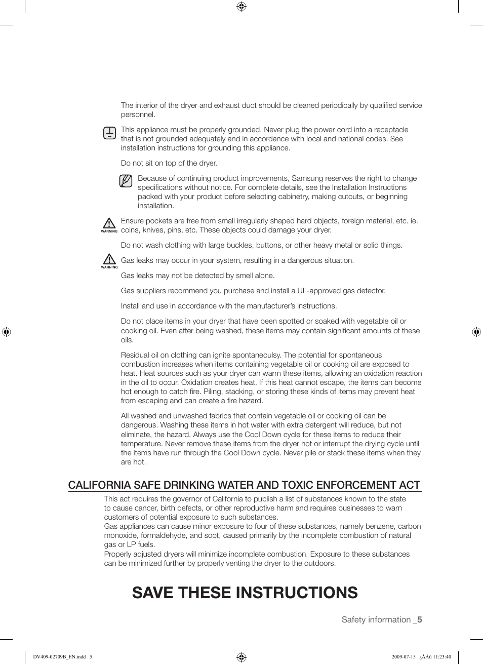Save these instructions | Samsung DV407AG* User Manual | Page 5 / 76
