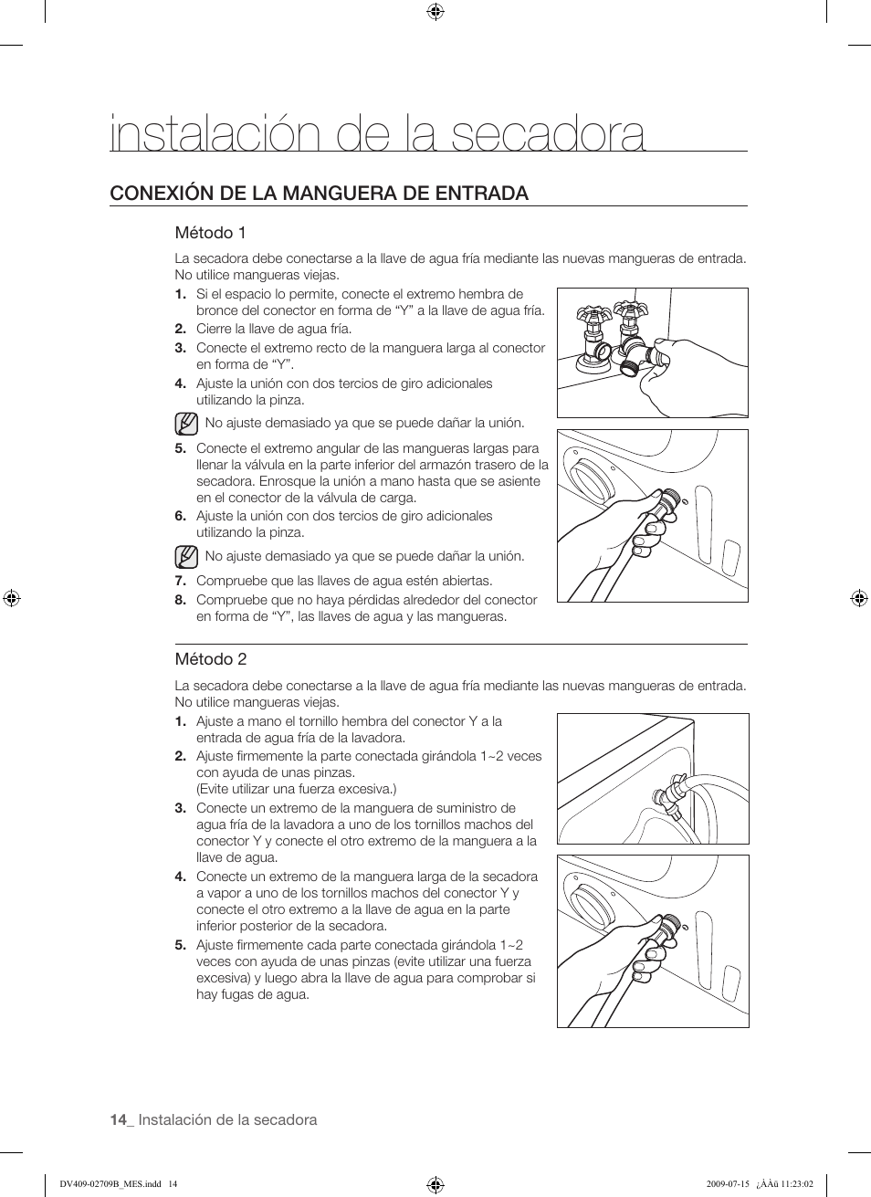 Instalación de la secadora, Conexión de la manguera de entrada | Samsung DV407AG* User Manual | Page 52 / 76