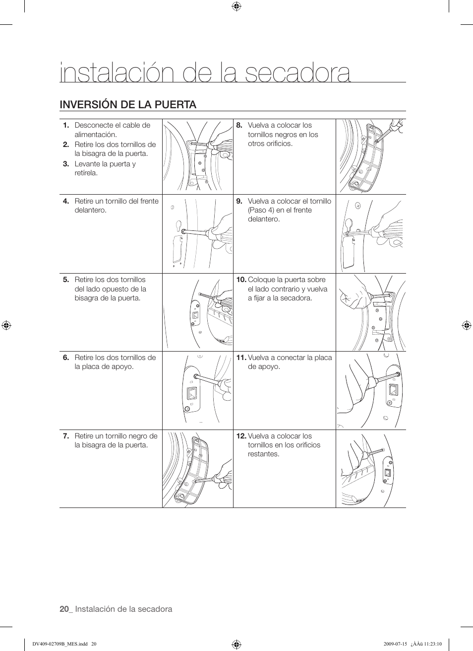 Instalación de la secadora, Inversión de la puerta | Samsung DV407AG* User Manual | Page 58 / 76