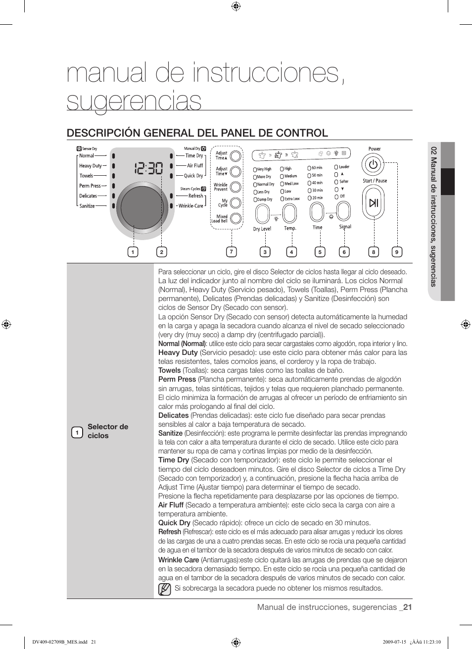 Manual de instrucciones, sugerencias, Descripción general del panel de control | Samsung DV407AG* User Manual | Page 59 / 76