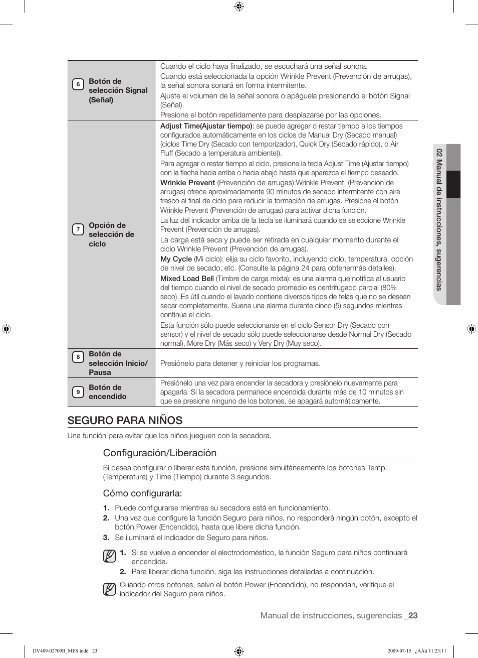 Seguro para niños, Configuración/liberación | Samsung DV407AG* User Manual | Page 61 / 76