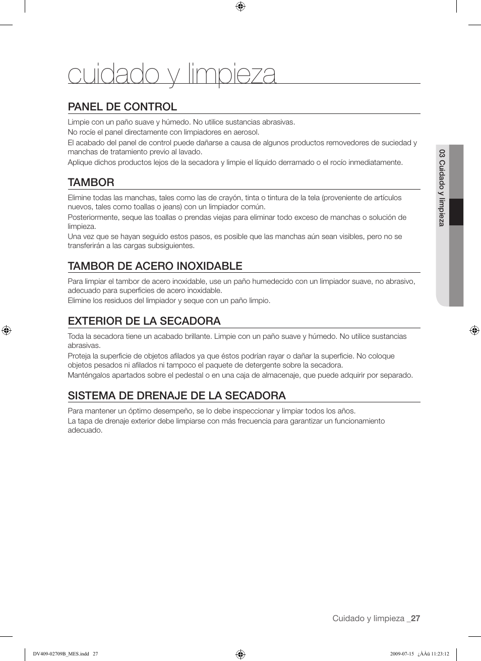 Cuidado y limpieza | Samsung DV407AG* User Manual | Page 65 / 76