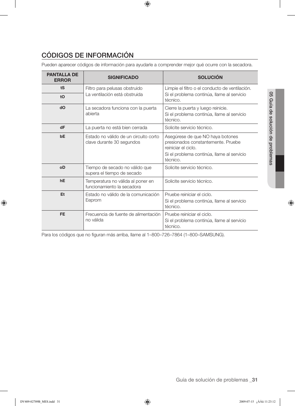 Códigos de información | Samsung DV407AG* User Manual | Page 69 / 76