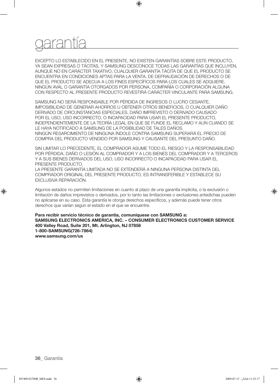 Garantía | Samsung DV407AG* User Manual | Page 74 / 76