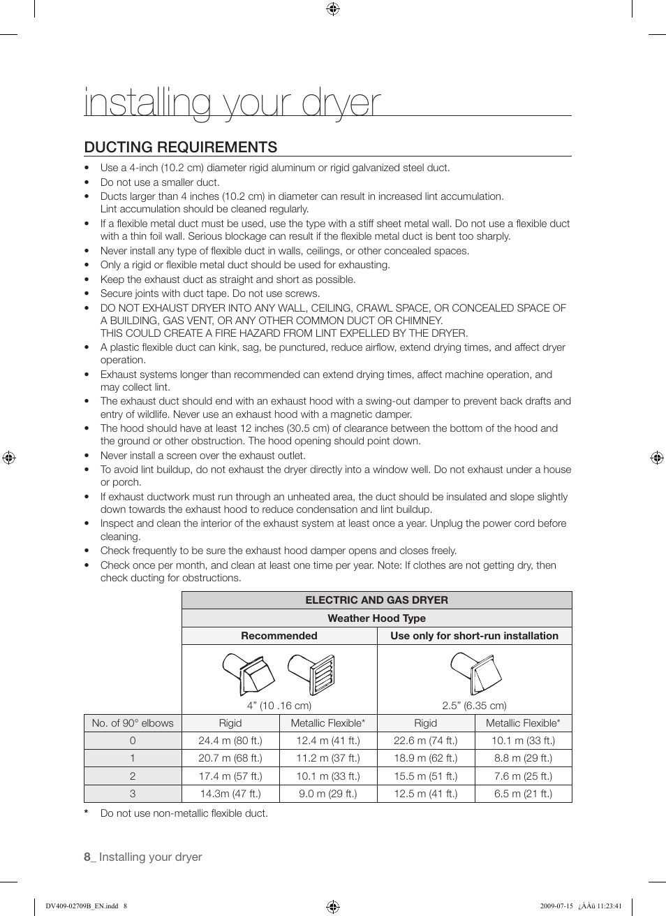 Installing your dryer, Ducting requirements | Samsung DV407AG* User Manual | Page 8 / 76