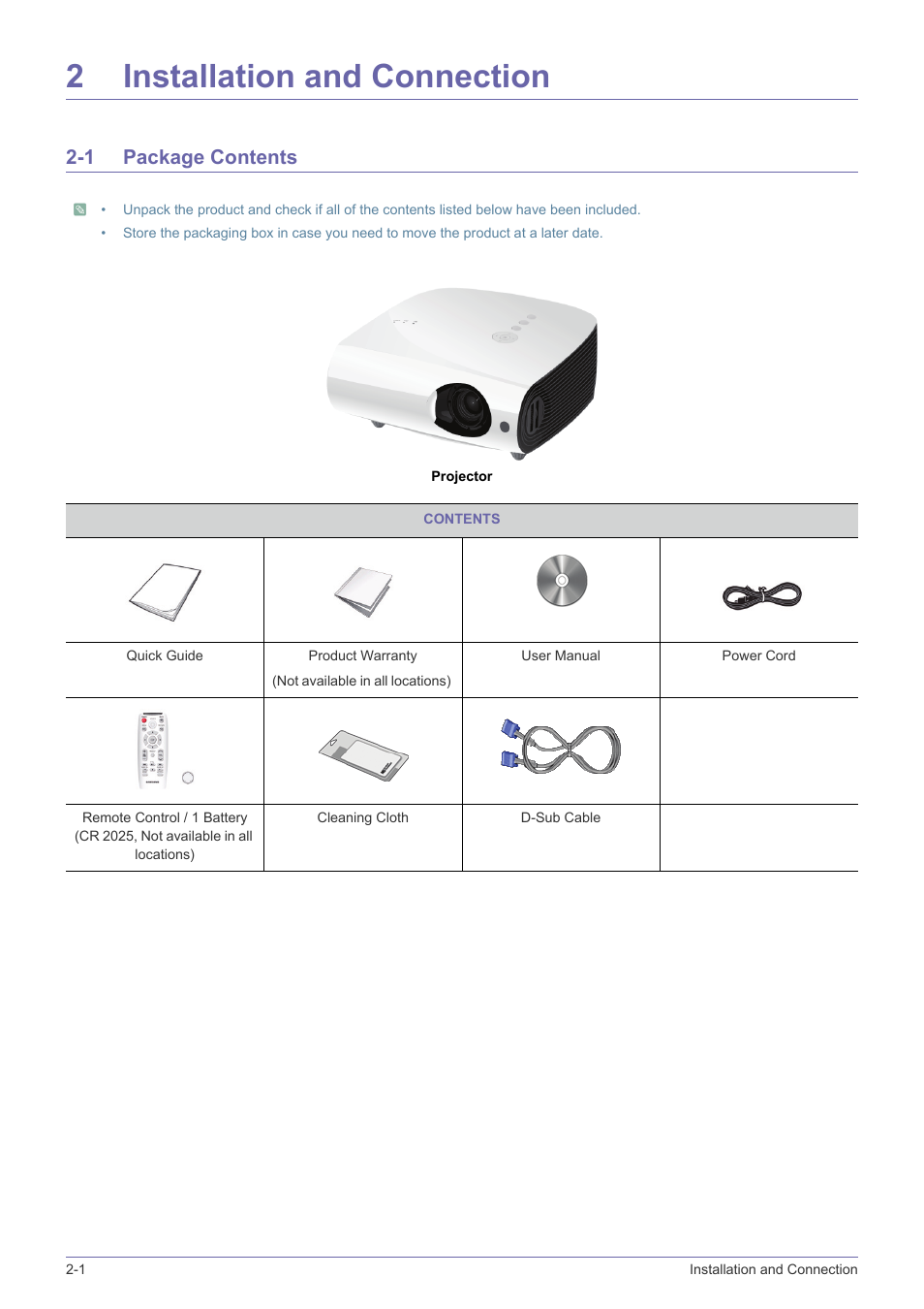 2 installation and connection, 1 package contents, Installation and connection | Package contents -1, 2installation and connection | Samsung SP-L331 User Manual | Page 10 / 78