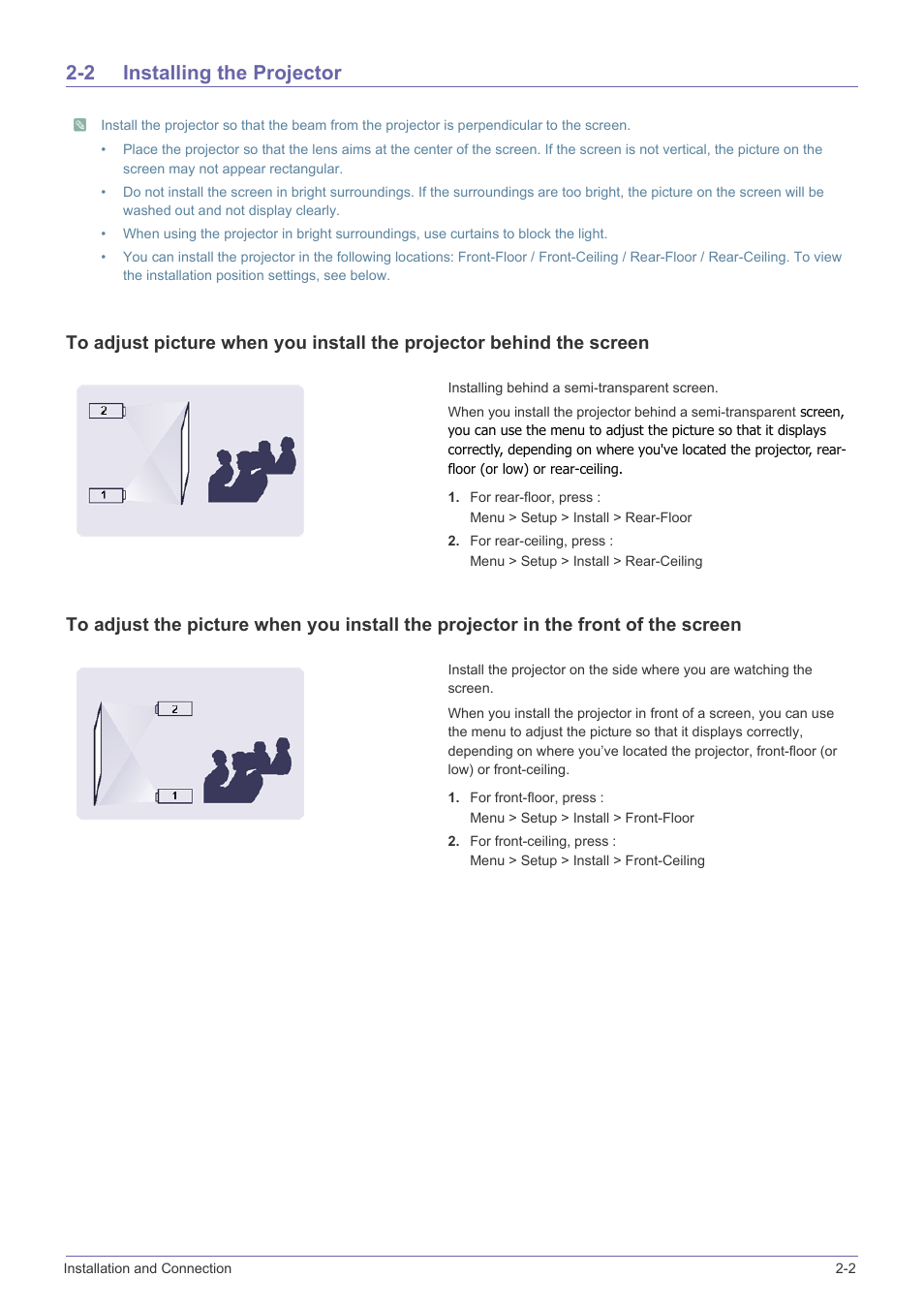 2 installing the projector, Installing the projector -2 | Samsung SP-L331 User Manual | Page 11 / 78