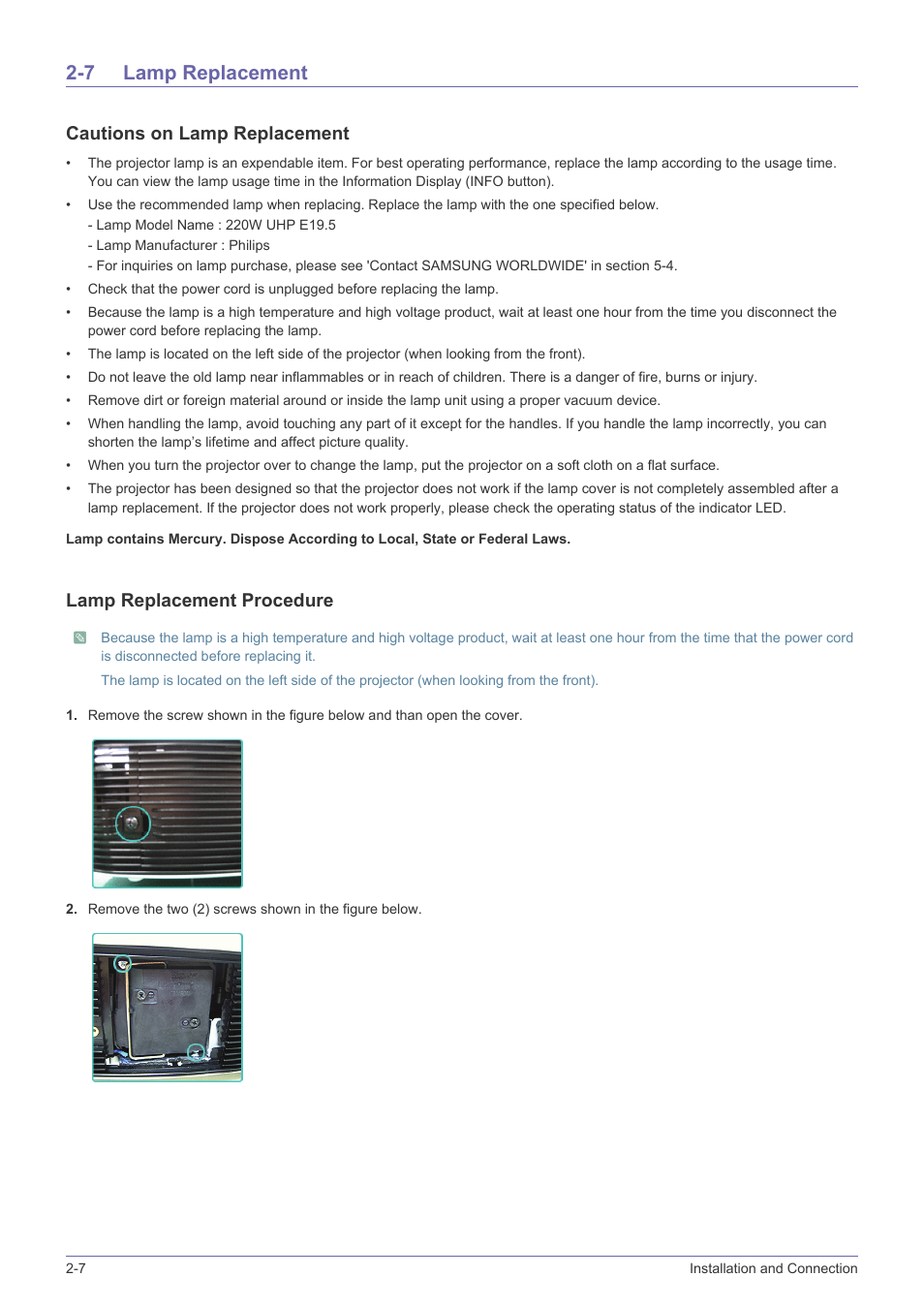 7 lamp replacement, Lamp replacement -7, Cautions on lamp replacement | Lamp replacement procedure | Samsung SP-L331 User Manual | Page 20 / 78