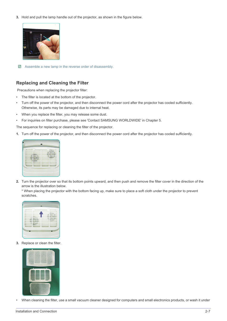 Replacing and cleaning the filter | Samsung SP-L331 User Manual | Page 21 / 78