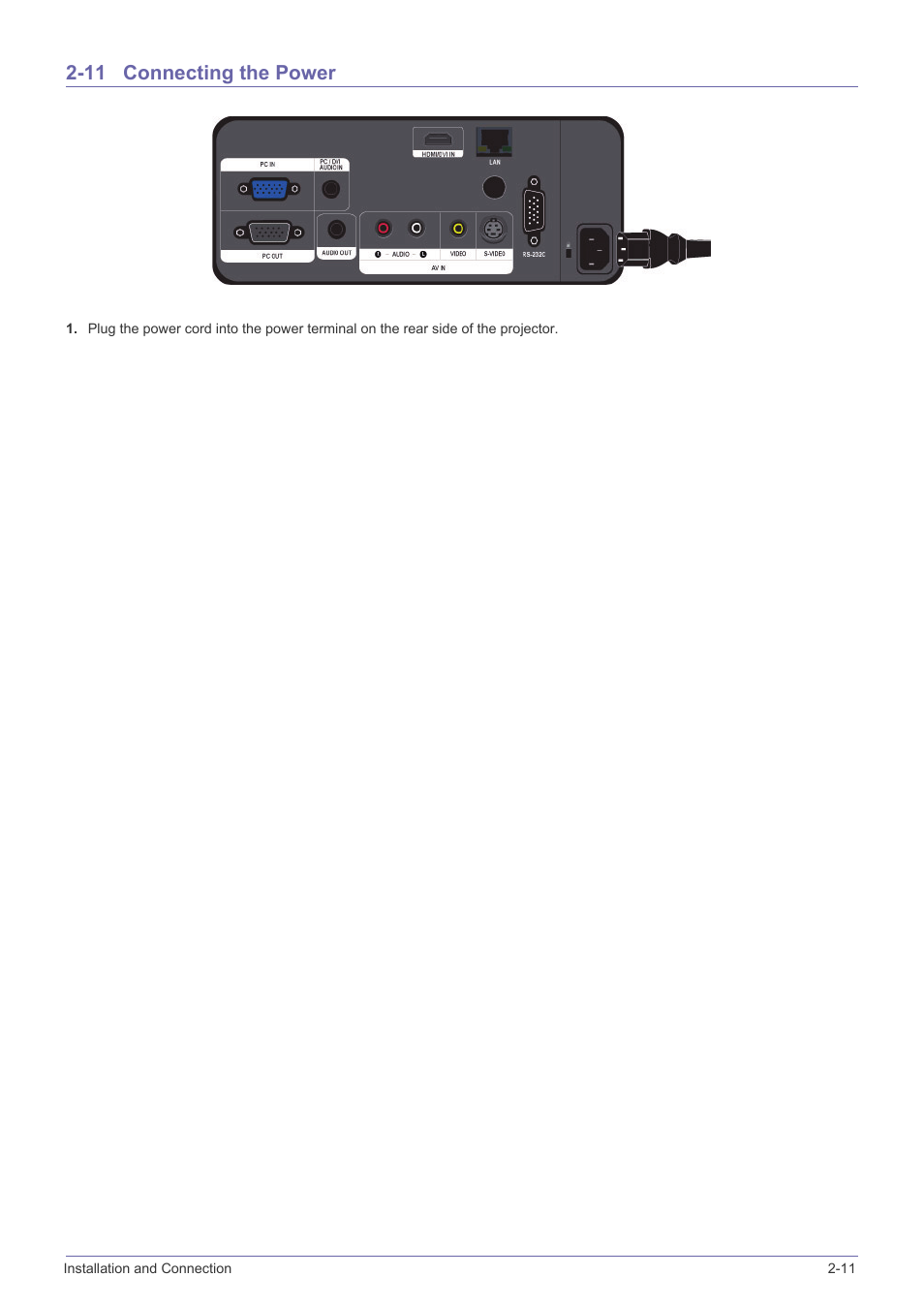 11 connecting the power, Connecting the power -11 | Samsung SP-L331 User Manual | Page 29 / 78